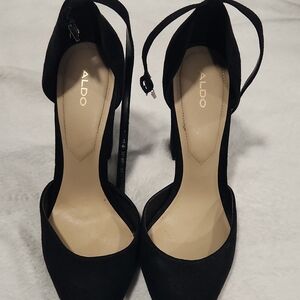 Aldo Black Suede Pointed-Toe Ankle-Strap Heels